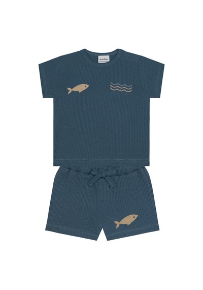 Antebies Bambu, Sustainable, Mavi,balık Nakışlı Kısa Kollu Erkek Bebek Tshirt Şort Takımı