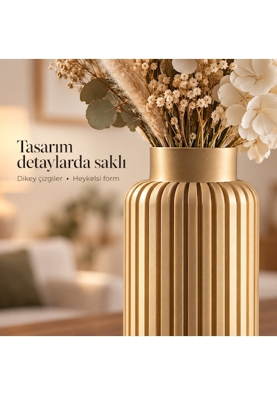 Dikey Çizgili Dekoratif Vazo 20 Cm Modern Silindir Tasarım Altın