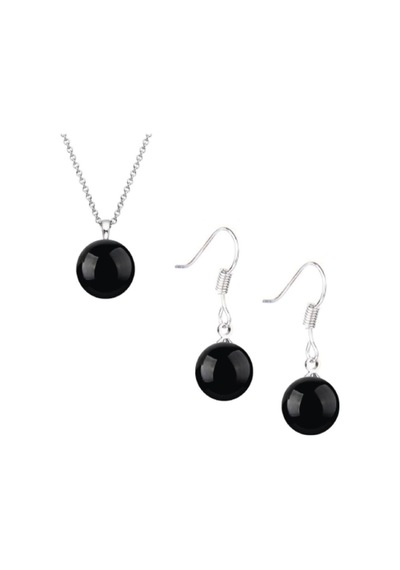 Oniks Taşlı Kadın Gümüş Set Küpe-kolye Yuvarlak Sallantılı Kanca Model 8 Mm
