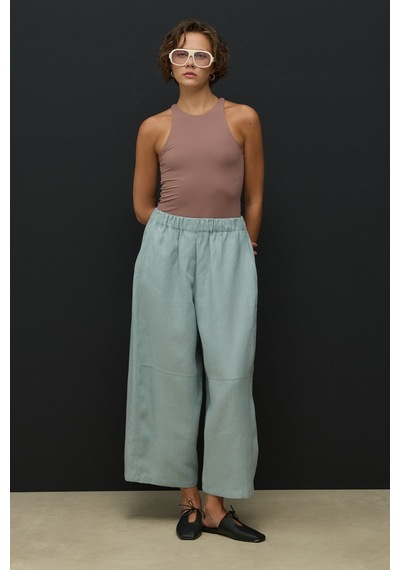 Molene Koyu Mint Kesik Detaylı Crop Barrel Keten Pantolon