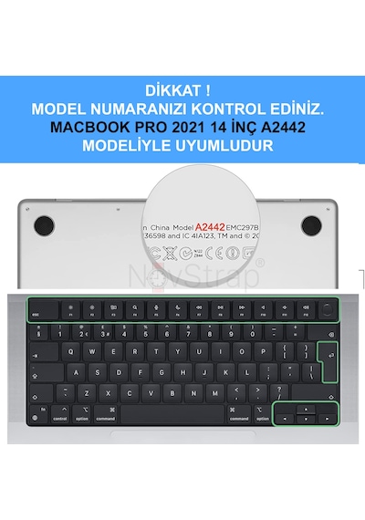 NovStrap Apple Uyumlu MacBook Pro 2021 M1 14.2 inc A2442 Parlak Kılıf + Siyah Klavye Kılıfı + Film