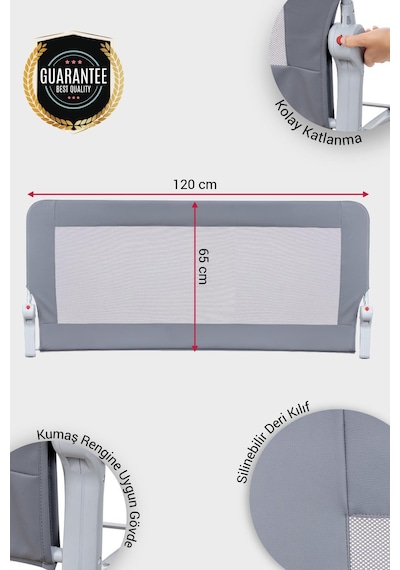 Premium 120x65 Cm Deri Kılıflı Yatak Bariyeri, Katlanır Yatak Korkuluğu, Gri
