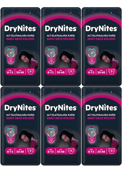 Drynites Emici Gece Külodu Külot Bez Kız 8-13 Yaş 30-48 KG Large 54 Adet 6 6'lı