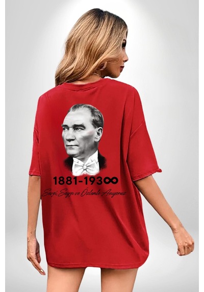 Atatürk 10 Kasım Anma Kırmızı Oversize Unisex Ön Ve Sırt Baskılı Tişört Kırmızı