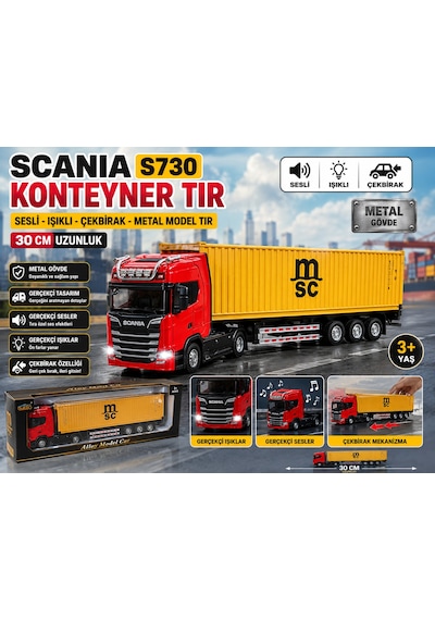 Scanıa S730 Msc Konteyner Tır 30 Cm Sesli Işıklı Çekbırak Metal Model Tır Gerçekçi Kırmızı