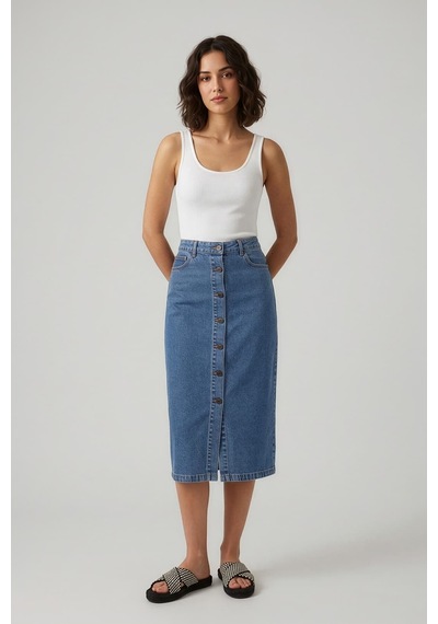 Blue White Önden Düğmeli Yüksek Bel Uzun Mavi Denim Etek