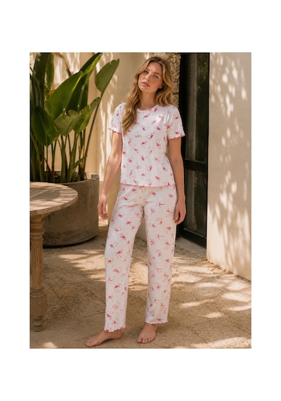 Rindahomewear Kadın Alaçatı Kumaş Flamingo Desenli Kısa Kollu Yazlık Pijama Takımı Flamingodesen