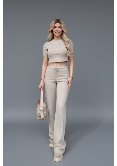 Kadın Bol Paça Slim Fit Takım Gri