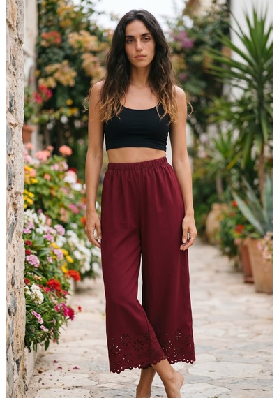 Soulshae Kadın Krep Beli Lastikli Çiçek Desenli Lazer Kesim Pantolon Bordo Soulshae Kadın Krep Beli Lastikli Çiçek Desenli Lazer Kesim Pantolon Bordo