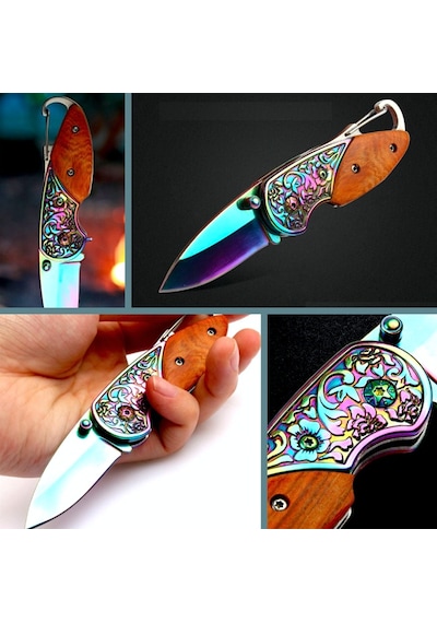 Omeniv Ahşap Çelik Kabzalı Kamp Çakı Kamp Bıçak Yanardöner Outdoor Kahverengi