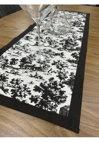 Toile De Jouy Monet Runner 40x110 Cm %100 Pamuk Dijital Baskılı Masa Örtüsü Country Tarzı Fransız Desen Masa Dekoru - Zt710 Siyah