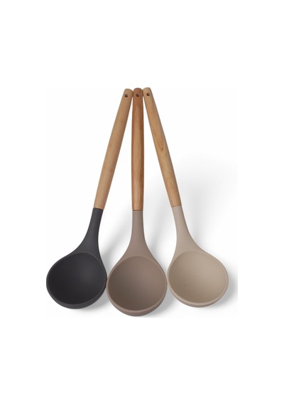 Bambu Saplı Silikon Kepçe, Bambu Uzun Silikon Çorba Ve Sos Kepçesi 27cm 3 Renk Seçenekli Taba