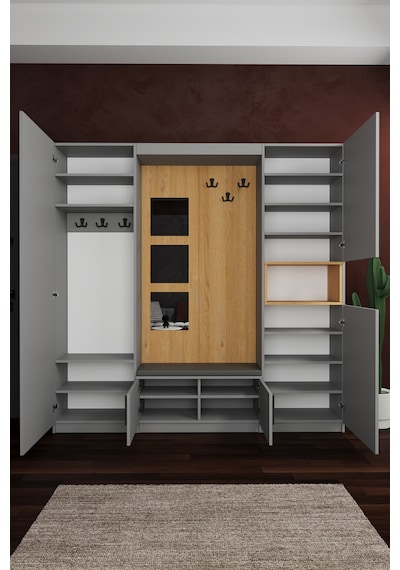 Lüks Aynalı Portmanto Askılı Vestiyer %100 Mdf Çok Raflı Ayakkabılık V04 Kül Gri - Karina Lüks Aynalı Portmanto Askılı Vestiyer %100 Mdf Çok Raflı Ayakkabılık V04 Kül Gri - Karina