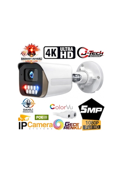 J-tech Jt-112 5mp Poe Sesli Ip Bullet Metal Güvenlik Kamerası Haraket Duyarlı Çakar Led