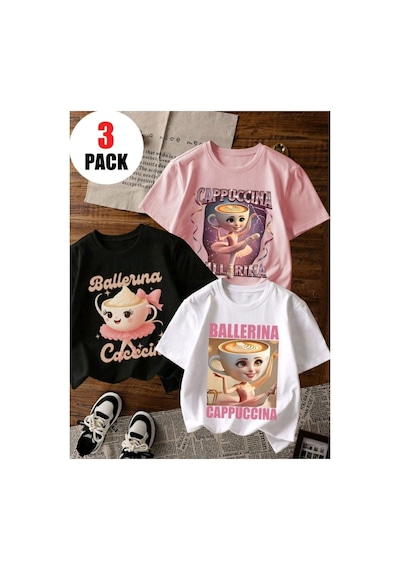 Stil-x Cappuccıno Ballerına Baskılı, 3' Lü Takım Kız Çocuk Tshirt, Çok Renkli, %100 Pamuk Çok Renkli Stil-x Cappuccıno Ballerına Baskılı, 3' Lü Takım Kız Çocuk Tshirt, Çok Renkli, %100 Pamuk Çok Renkli