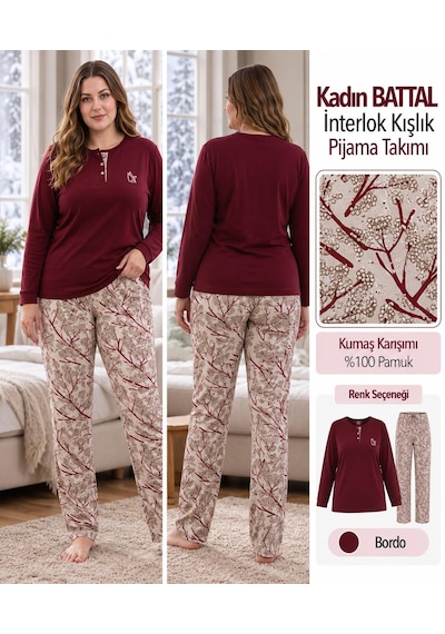 Angelina Kadın Battal Düğmeli Yaka %100 Pamuk İnterlok Kışlık Pijama Takımı 10018 - 1 Adet Bordo Angelina Kadın Battal Düğmeli Yaka %100 Pamuk İnterlok Kışlık Pijama Takımı 10018 - 1 Adet Bordo