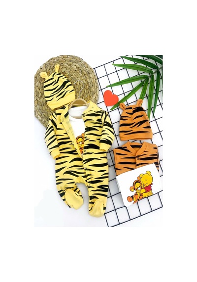 3-6-9-12 Ay Pooh Desenli Zebra Çizgili Şapkalı Sweatli 3lü Kız Erkek Bebek Tulumu Turuncu 001