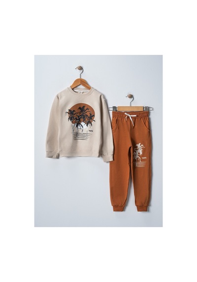 Veramoni Tropical Baskılı Uzun Kollu Lastikli Bel Cepli Unisex Çocuk Alt Üst Takım Kahverengi