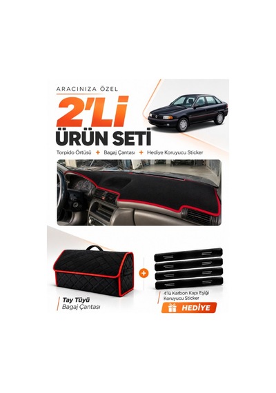 E-biz Opel Astra F Airbagli 1991-1998 Uyumlu Torpido + Tay Tüyü Çanta - Siyah-kırmızı - Op001