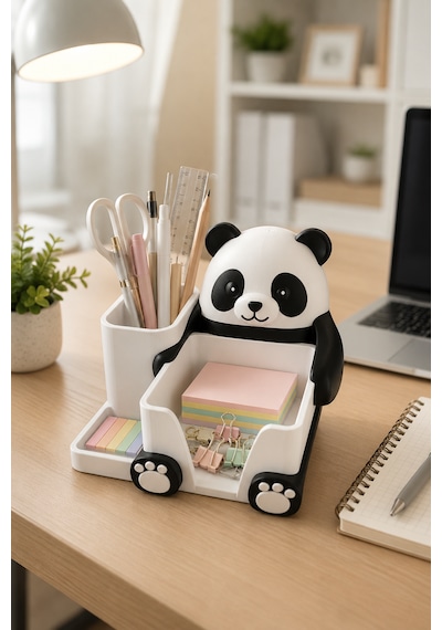 Panda Tasarımlı Masaüstü Organizer Kalemlik Notluk Ofis Çalışma Masası Düzenleyici Siyah Beyaz