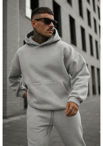 Benroma 3 İplik Penye Kapüşonlu Oversize Sweat Gri