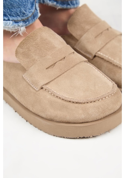 Manijero Ziva Kadın Hakiki Deri Loafer Platform Vizon Terlik