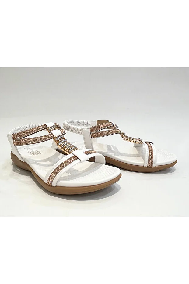 Guja 26y240-10 Kadın Taşlı Düz Taban Günlük Comfort Sandalet Beyaz