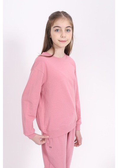 Kız Çocuk Relax Fit Bisiklet Yaka Baskılı Sweatshirt - 2 İplik Gülkurusu
