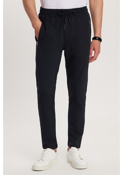 Tudors Unisex Standart Fit Pamuklu 2 İplik Fermuar Cepli Lastikli Bağlamalı Düz Paça Lacivert Eşofman Altı-34053 Lacivert