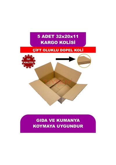 5 Adet 32x20x11 Cm Baskısız Çift Oluklu Boş Koli, Dopel Ürün Kolisi, Kargo Kolisi, Tssst