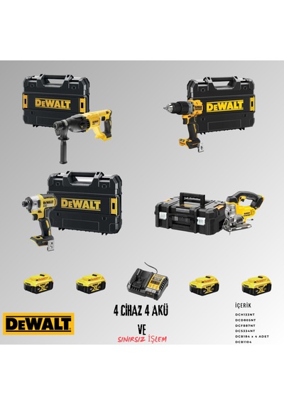 Dewalt DCH133NT + DCD805NT + DCF887NT + DCS334NT 4 Adet 5 Amper Akü + Şarj Aleti Set