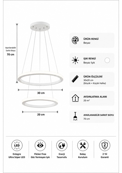 Rizon 2 Li Led Sarkıt Avize Beyaz Işık