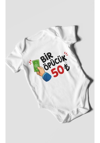 Morivokids Bir Öpücük 50tl Kısa Kollu Bebek Body %100 Pamuk Beyaz
