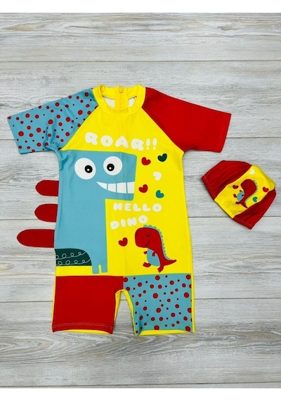 My Kids Wear Tatlı Dino Temalı Boneli Erkek Çocuk Mayo Takımı Renkli