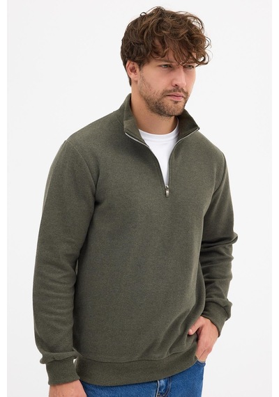 Mmetalic Erkek Haki Standart Fit Normal Kesim Pamuklu Yarım Fermuarlı Dik Yaka Pamuklu Sweatshirt Haki
