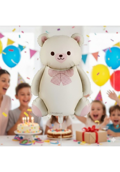 56,5x90 Cm Papyonlu Ayıcık Krem Folyo Balon - Doğum Günü Parti Dekorasyon Balonu Çok Renkli