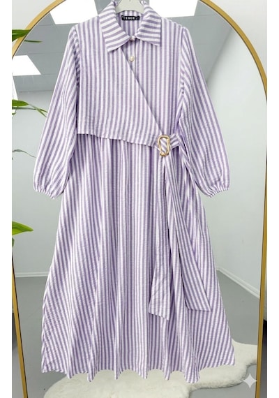 Lovie Moda Gold Toka Detaylı Çizgili Elbise Mor