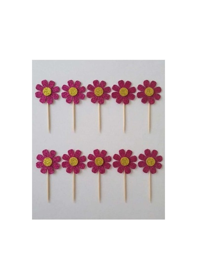 Papatya Fuşya Renk Simli Cupcake Kürdanı Doğum Günü Parti Ve Pasta Süsü 10lu 5 Cm