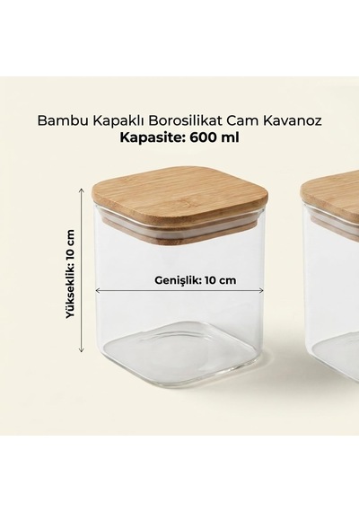2 Adet 600 Ml Sızdırmaz Vakumlu Bambu Kapaklı Borosilikat Cam Kavanoz, Hava Geçirmez Contalı Kare Kuru Gıda Saklam Diğer