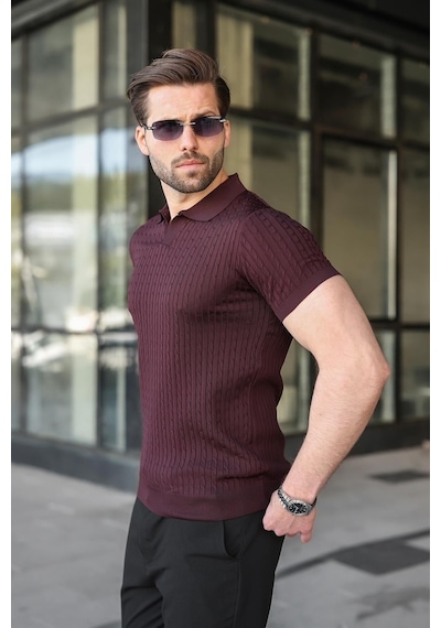 Madmext Mürdüm Slim Fit Polo Yaka Triko Erkek Tişört E7472