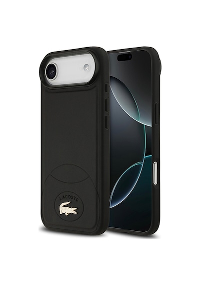Apple Uyumlu iPhone 17 Air Kılıf Lacoste Lisanslı M-safe Şarj Özellikli Pu Deri Metal Logolu Kapak Siyah Siyah