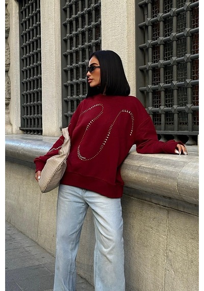 WeShaya Kadın Bordo Pamuklu Taşlı Oversize Sweatshirt Bordo