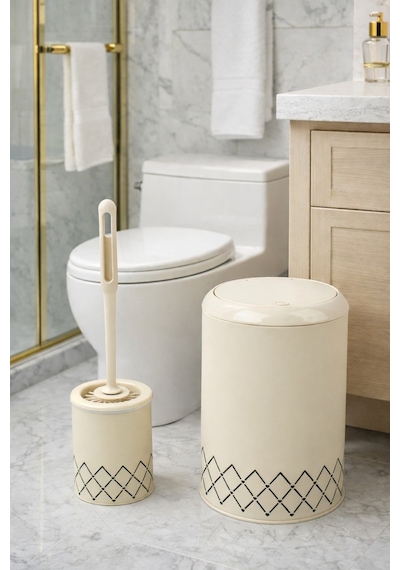 Geometrik Zikzak Desenli 2'li Banyo Seti Krem