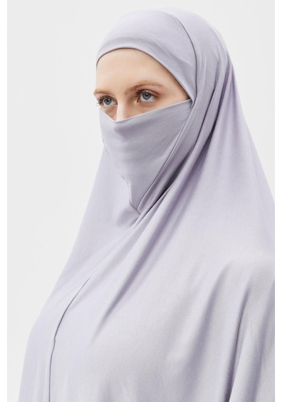 Altobeh Kollu Sufle Çarşaf Üstü Peçeli Pratik Tesettür Hijab - Nikaplı Namaz Örtüsü Gri