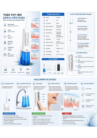 Yues Yxy-801 Şarjlı Ağız Duşu Ve Oral İrrigatör, 300 Ml Su Haznes