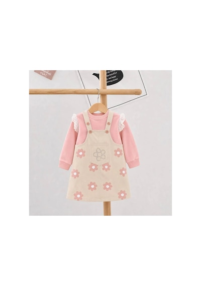 Nota Kids Kız Çocuk Çiçek Desenli Jile Elbise Takım Dantel Kollu Pudra Sweatshirt Ve Askılı Elbise Krem
