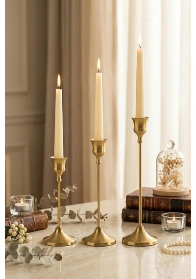 Vintage Metal Şamdan 3'lü Set, Altın Renk, Paslanmaz Çelik, Çizilmeye Dayanıklı, Dekoratif Mumluk, Minimalist Tem Diğer