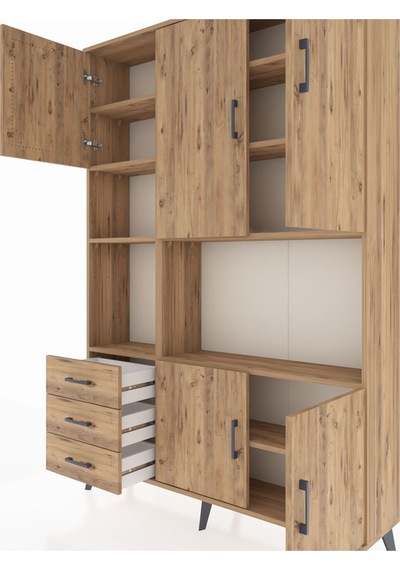 Arges Dolap 9 Raflı 3 Çekmeceli 5 Kapaklı 132x30x195 Çam-çam/çam Çam