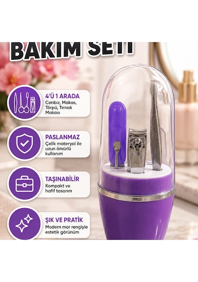 Mor Manikür Ve Tırnak Bakım Seti Cımbız, Makas, Törpü Ve Tırnak Makası