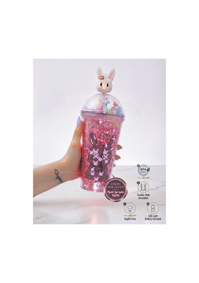 Çift Katlı İçecek Bardağı Led Işıklı Pipetli Kawaii Chibi Sevimli Tavşan Figürlü Suluk 450ml Kırmızı